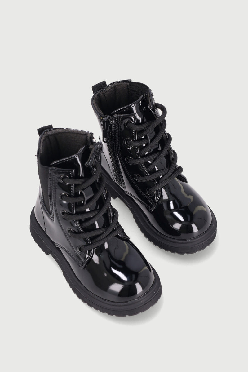 Pre-Girls Patent Military Boot - Black