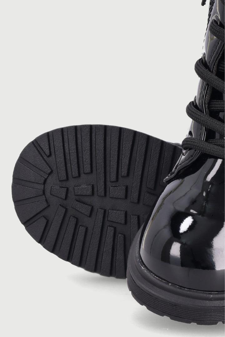 Pre-Girls Patent Military Boot - Black