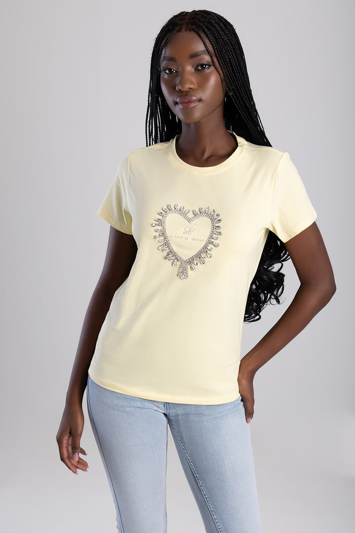 Embroidered Heart Regular T-Shirt - Yellow