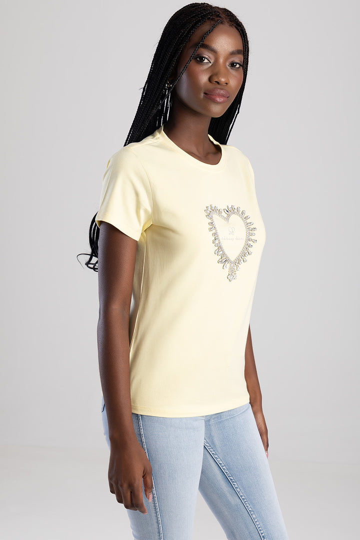 Embroidered Heart Regular T-Shirt - Yellow