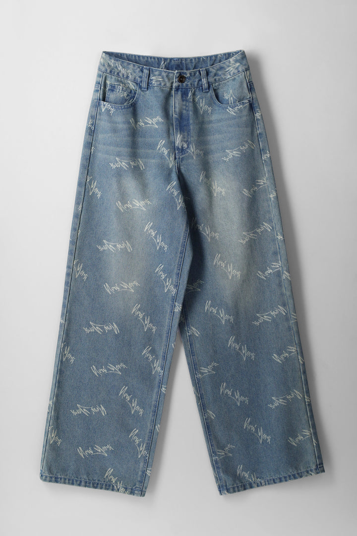 Girls New York Grafitti Wide Leg Denim - Tea Stain