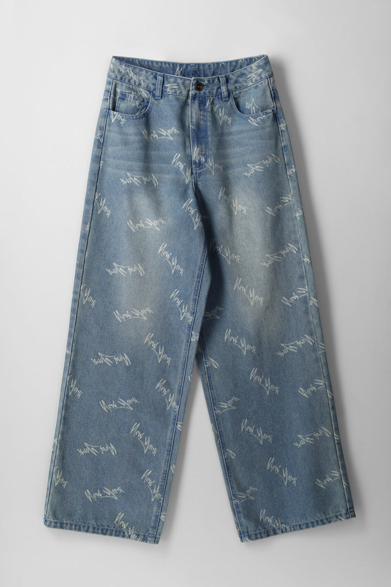 Girls New York Grafitti Wide Leg Denim - Tea Stain