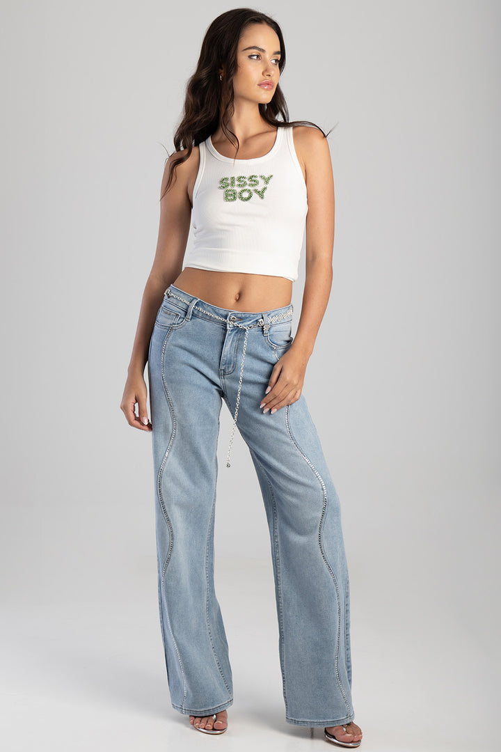 Bling Front Seam Mid Waist Wide Leg Denim - Medium Wash