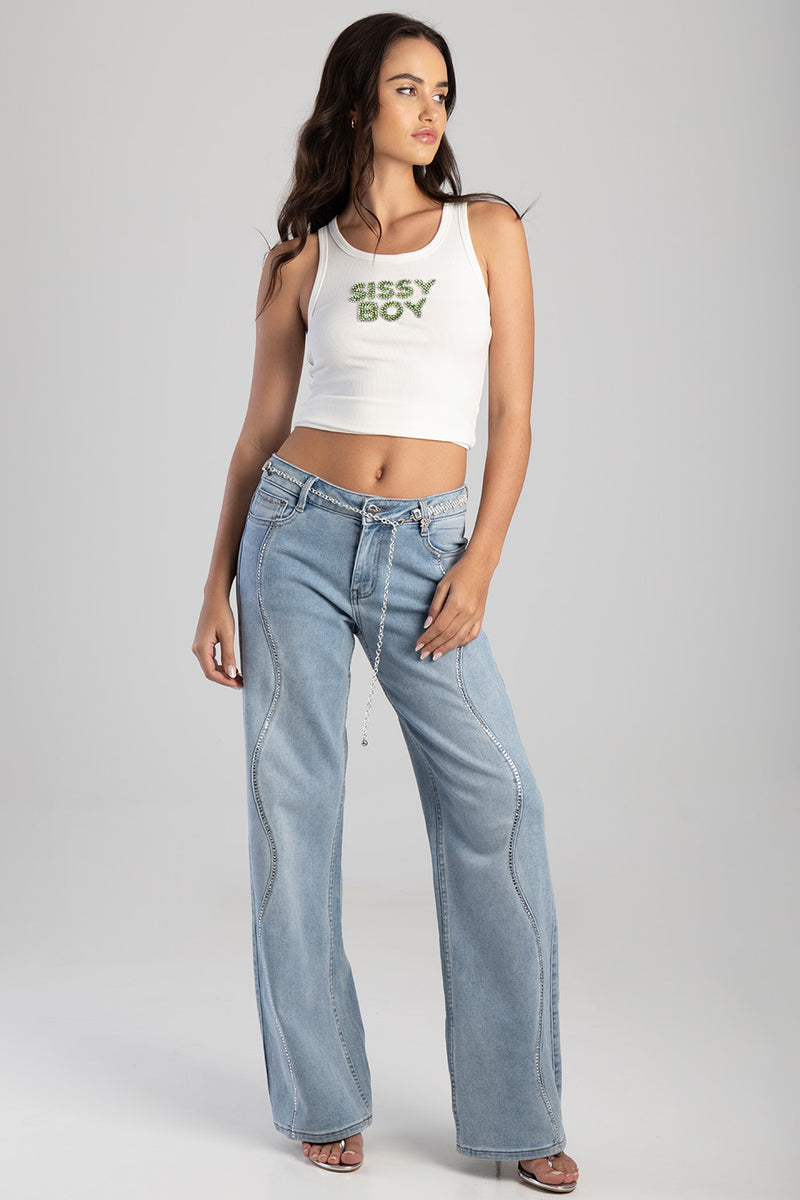 Bling Front Seam Mid Waist Wide Leg Denim - Medium Wash