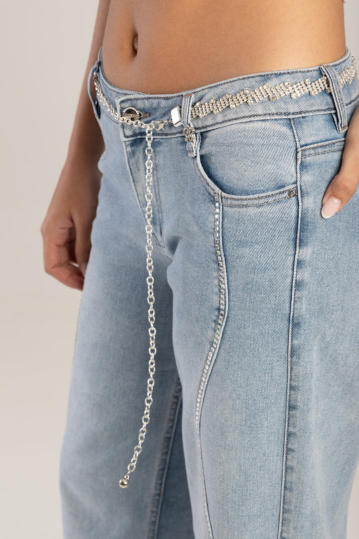 Bling Front Seam Mid Waist Wide Leg Denim - Medium Wash