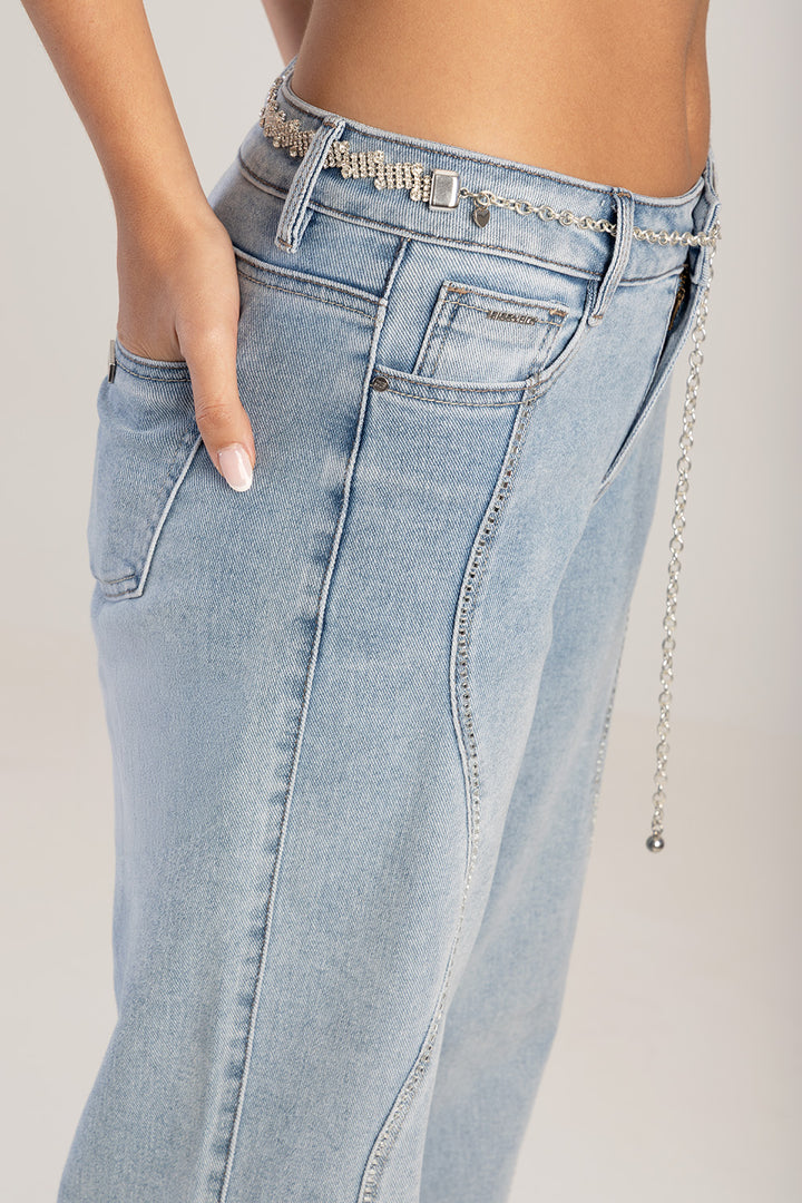 Bling Front Seam Mid Waist Wide Leg Denim - Medium Wash