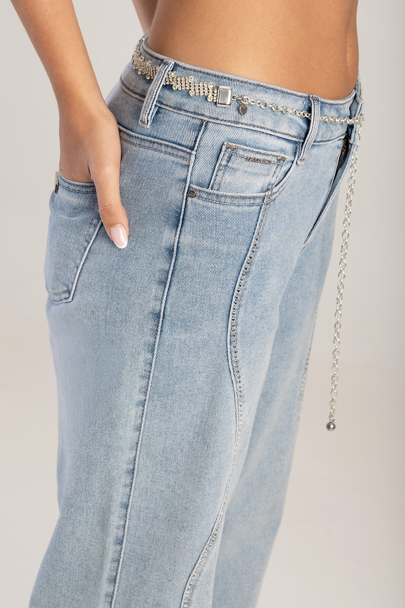 Bling Front Seam Mid Waist Wide Leg Denim - Medium Wash