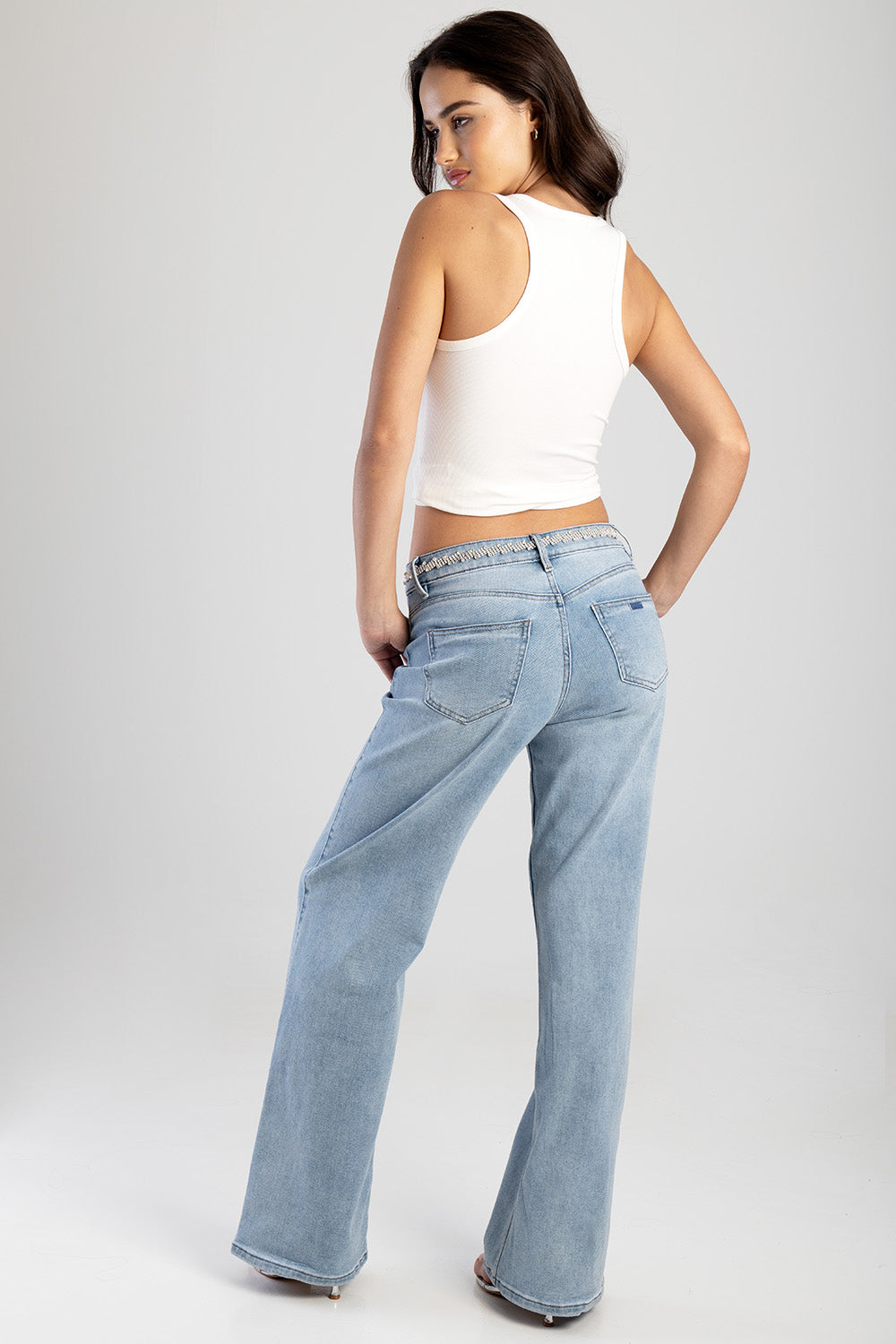 Bling Front Seam Mid Waist Wide Leg Denim - Medium Wash