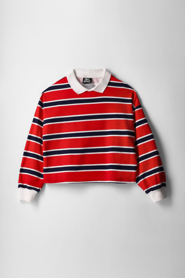 Girls Stripe Fleece Rugby Jersey Pullover - Red