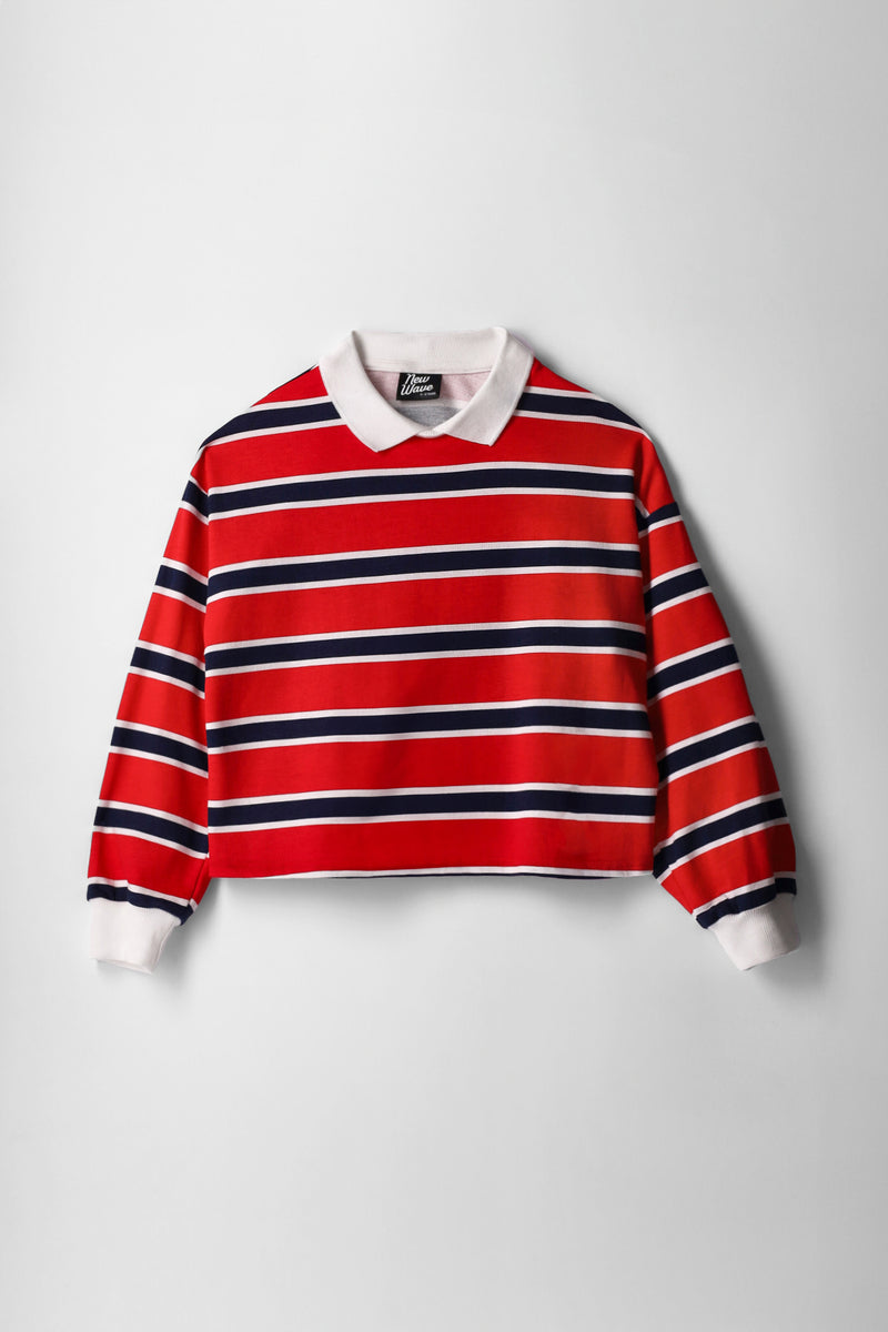 Girls Stripe Fleece Rugby Jersey Pullover - Red
