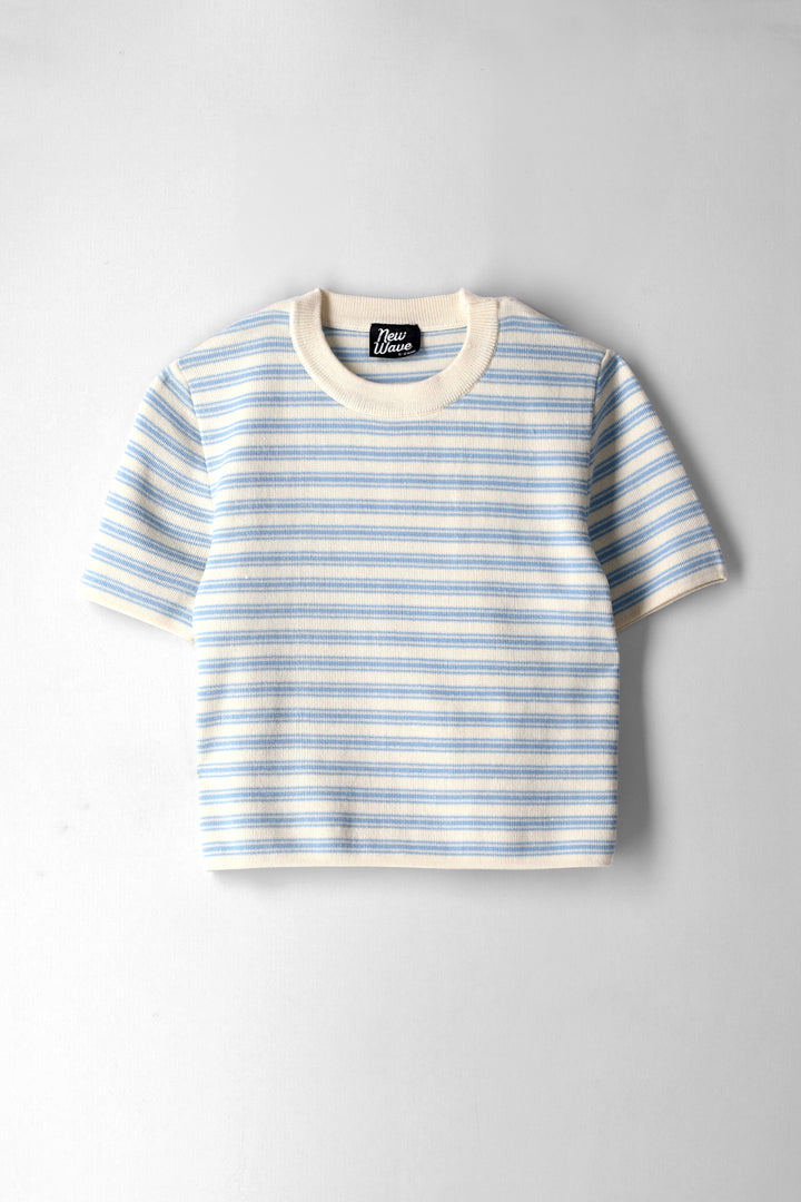 Girls Double Striped Tee - Cream/Blue