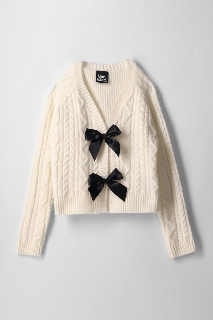 Girls Satin Bow Cable Cardi - Cream
