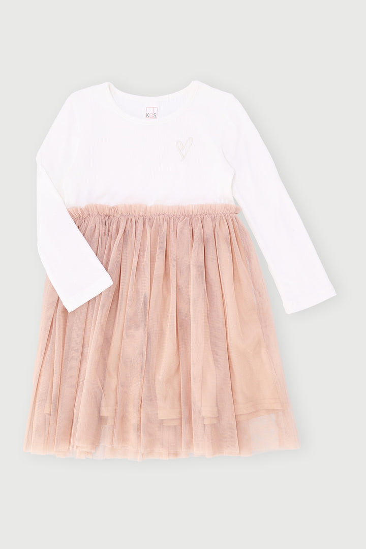 Pre-Girls Long Sleeve Rib Mesh Heart Embroidered Dress - Blush