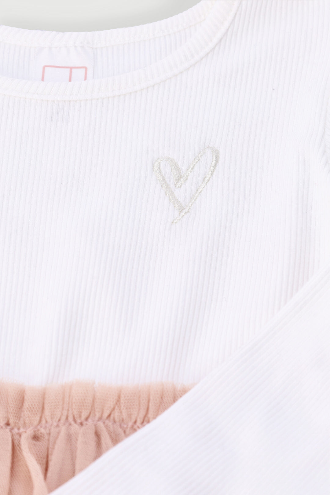 Pre-Girls Long Sleeve Rib Mesh Heart Embroidered Dress - Blush