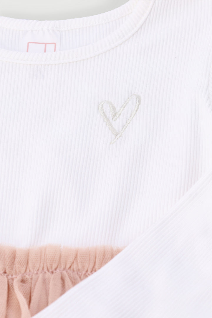 Pre-Girls Long Sleeve Rib Mesh Heart Embroidered Dress - Blush