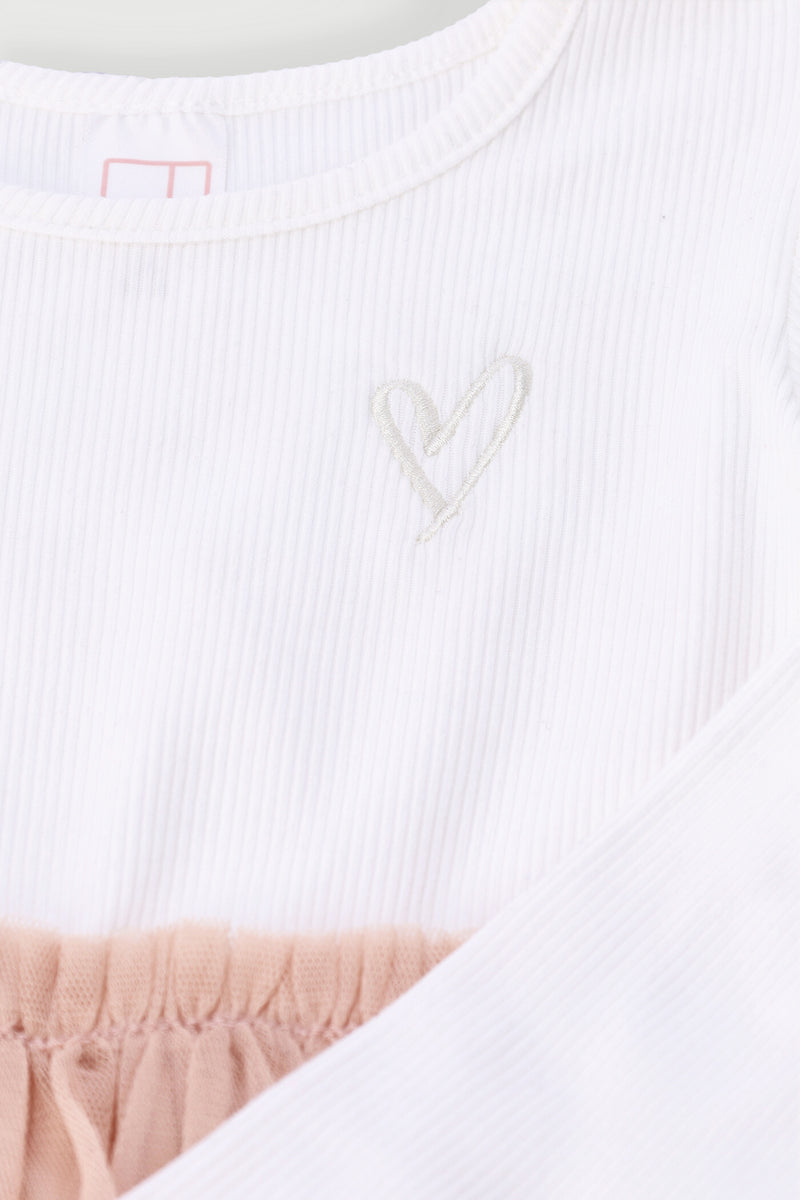 Pre-Girls Long Sleeve Rib Mesh Heart Embroidered Dress - Blush