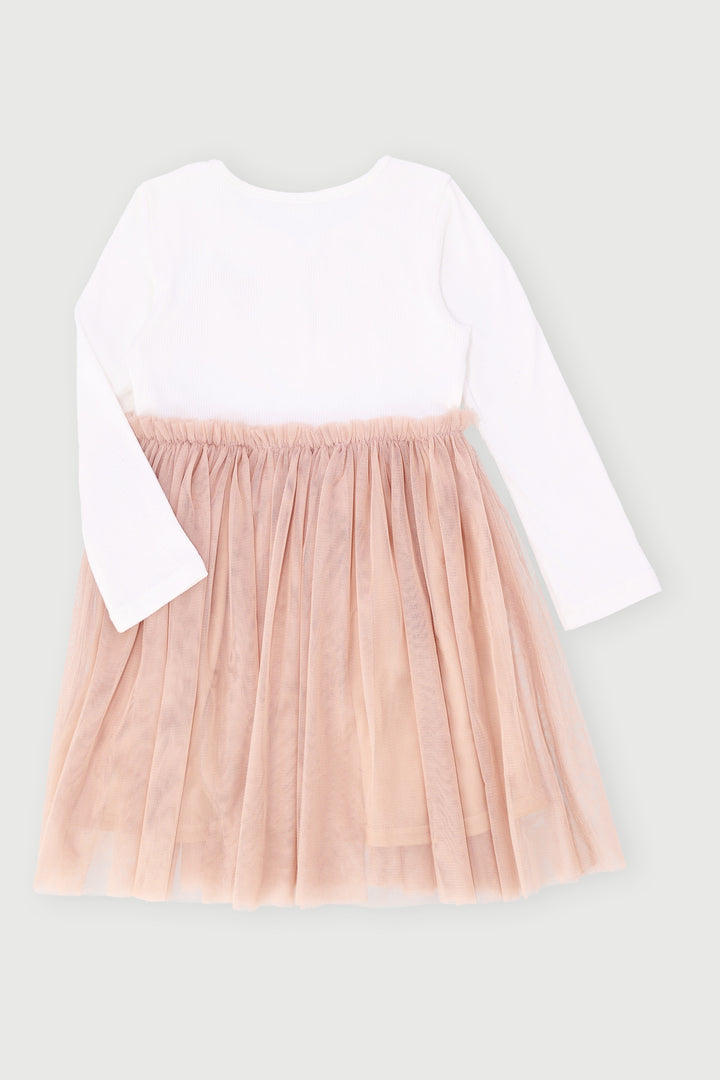 Pre-Girls Long Sleeve Rib Mesh Heart Embroidered Dress - Blush