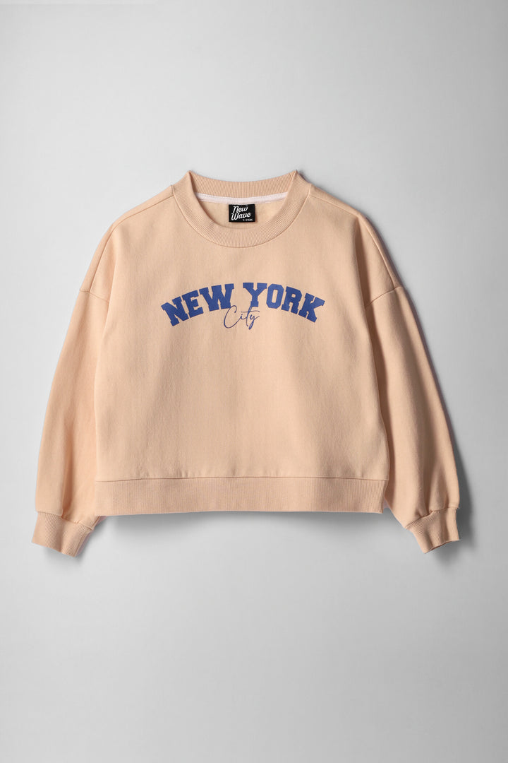 Girls Slogan Crew Pullover - Apricot