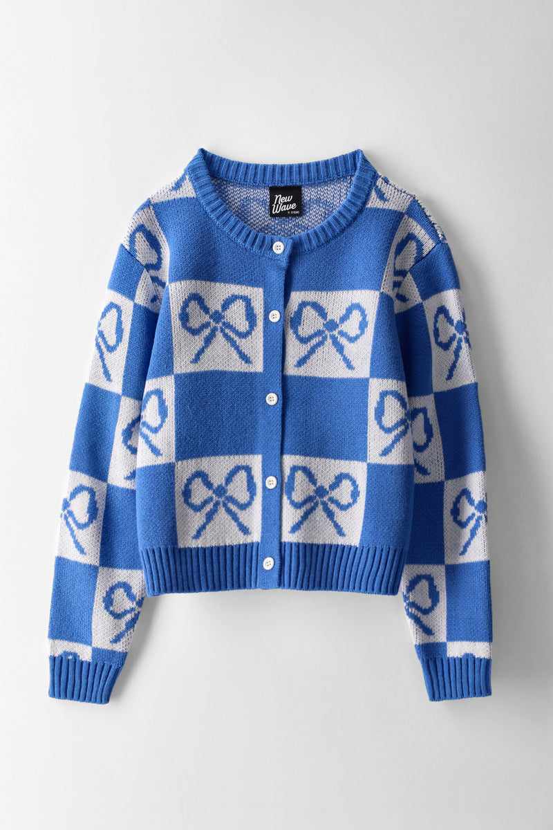Girls Bow Cardigan - Cream/Blue
