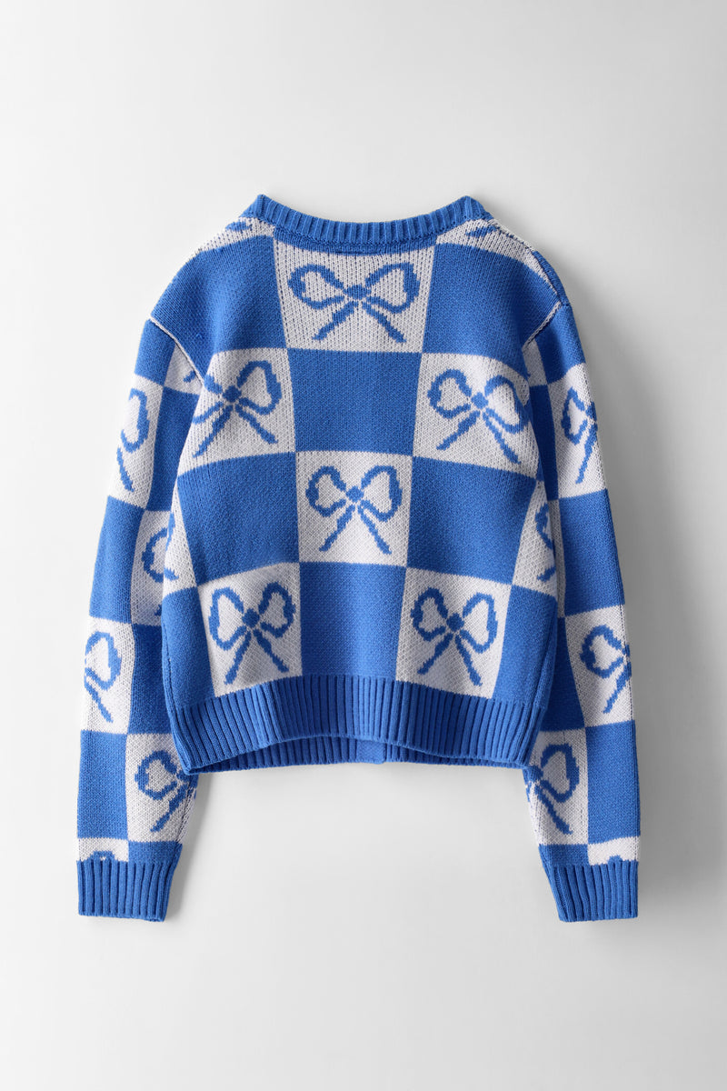Girls Bow Cardigan - Cream/Blue