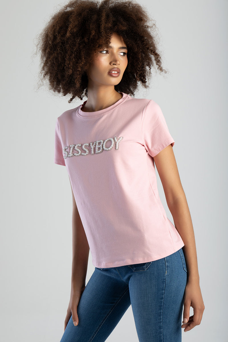 Rumours Regular Fit Pearl And Bling Logo Top - Pink