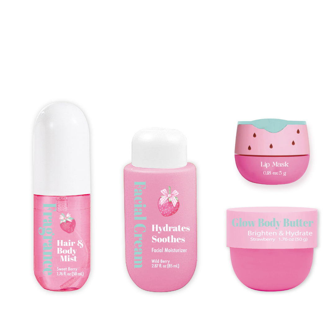 GlowMode Strawberry Travel Body Glow – Self-Care & Beauty Kit with Strawberry Pouch