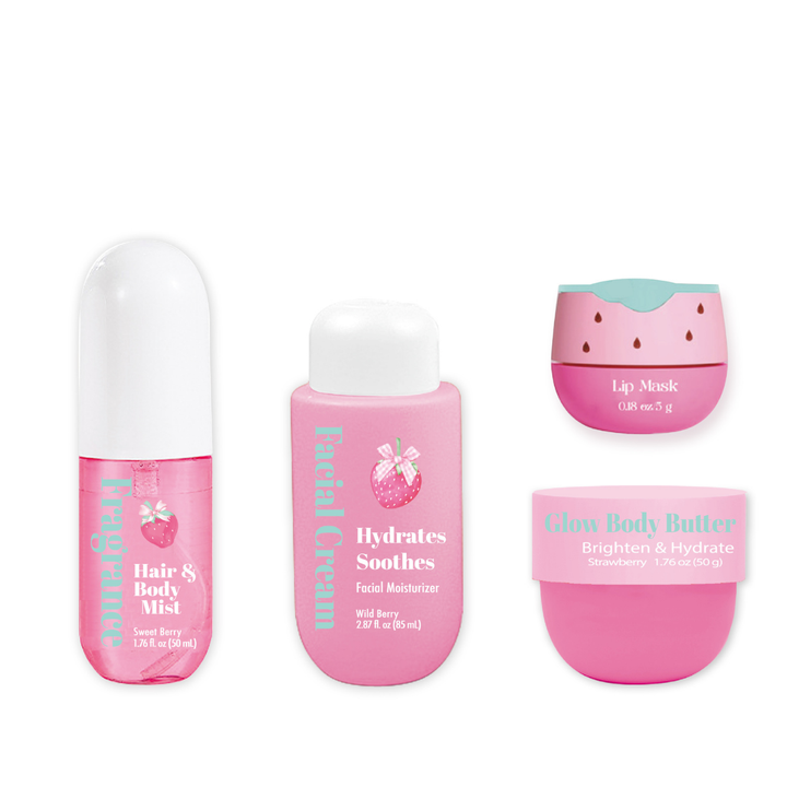 GlowMode Strawberry Travel Body Glow – Self-Care & Beauty Kit with Strawberry Pouch