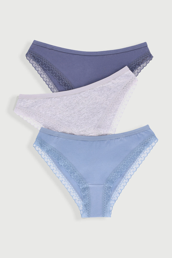 3 Pack Cotton Brazilian Panties - Blues/Grey Melange