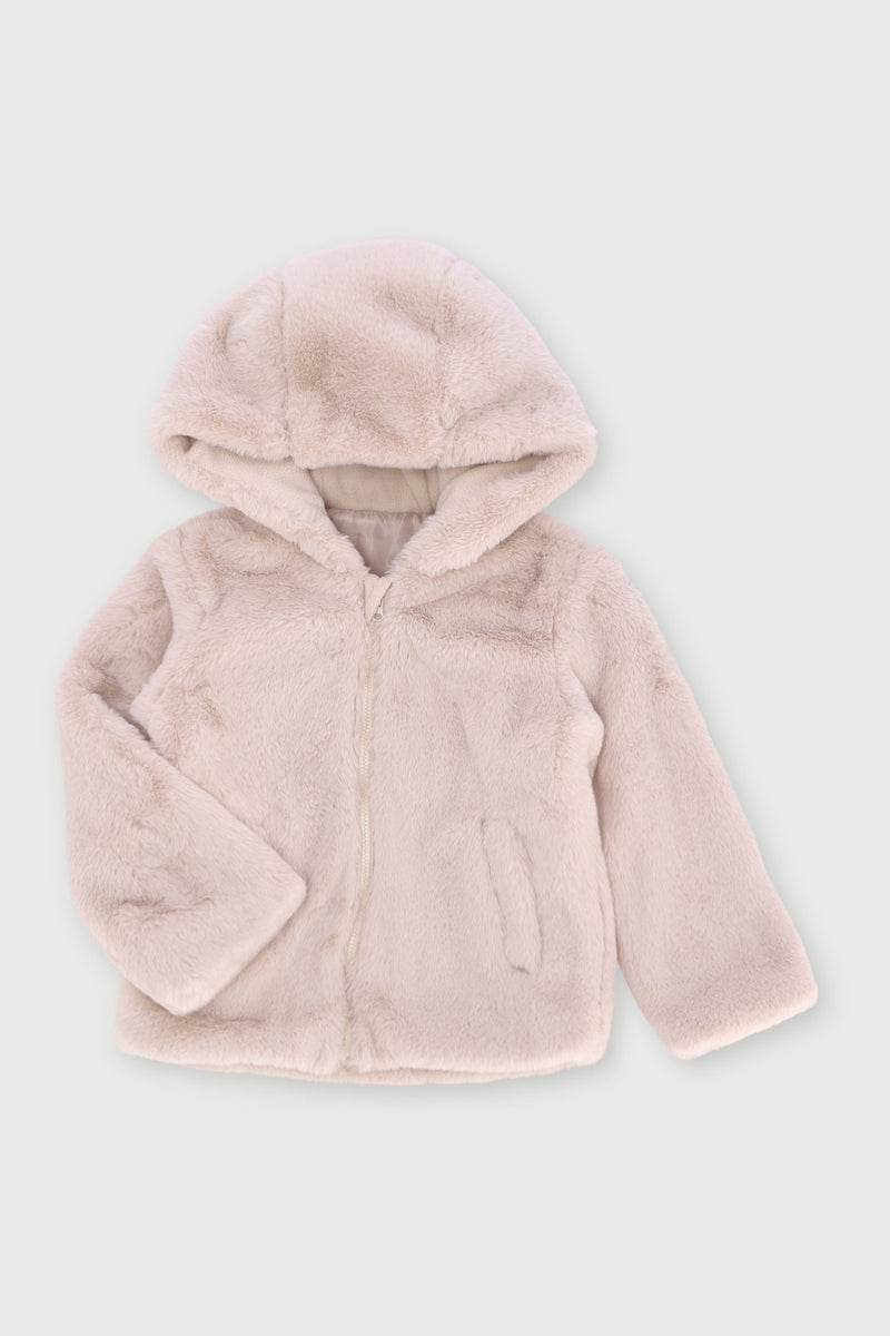 Pre-Girls Bunny Faux Fur Jacket - Stone/Light Pink