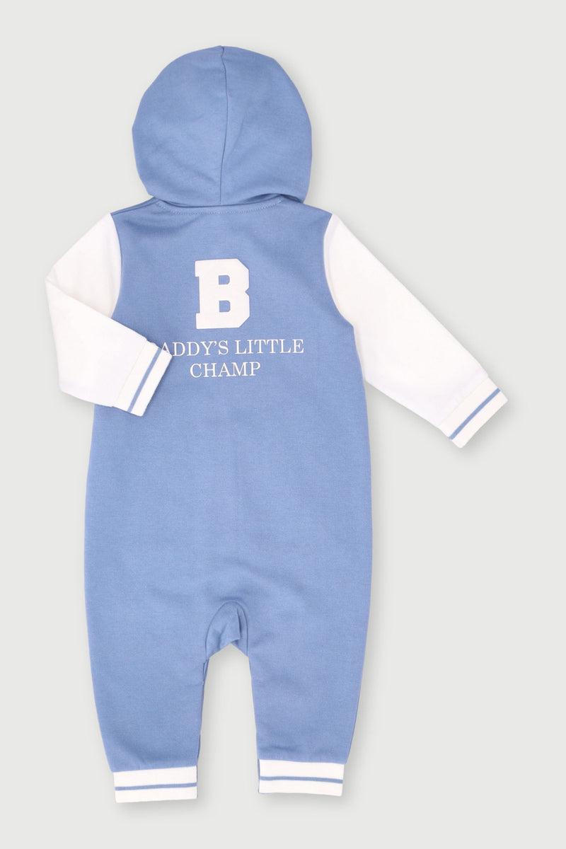 Baby Boys Hooded Slogan Brushed Sleepsuit - Acid Wash Blue
