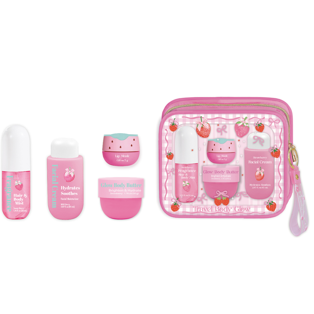 GlowMode Strawberry Travel Body Glow – Self-Care & Beauty Kit with Strawberry Pouch