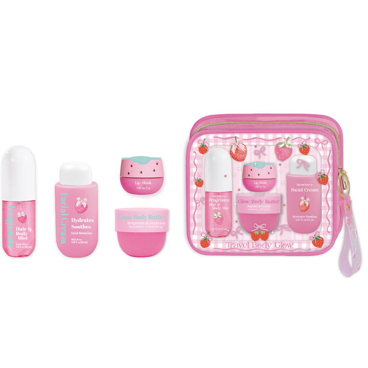 GlowMode Strawberry Travel Body Glow – Self-Care & Beauty Kit with Strawberry Pouch