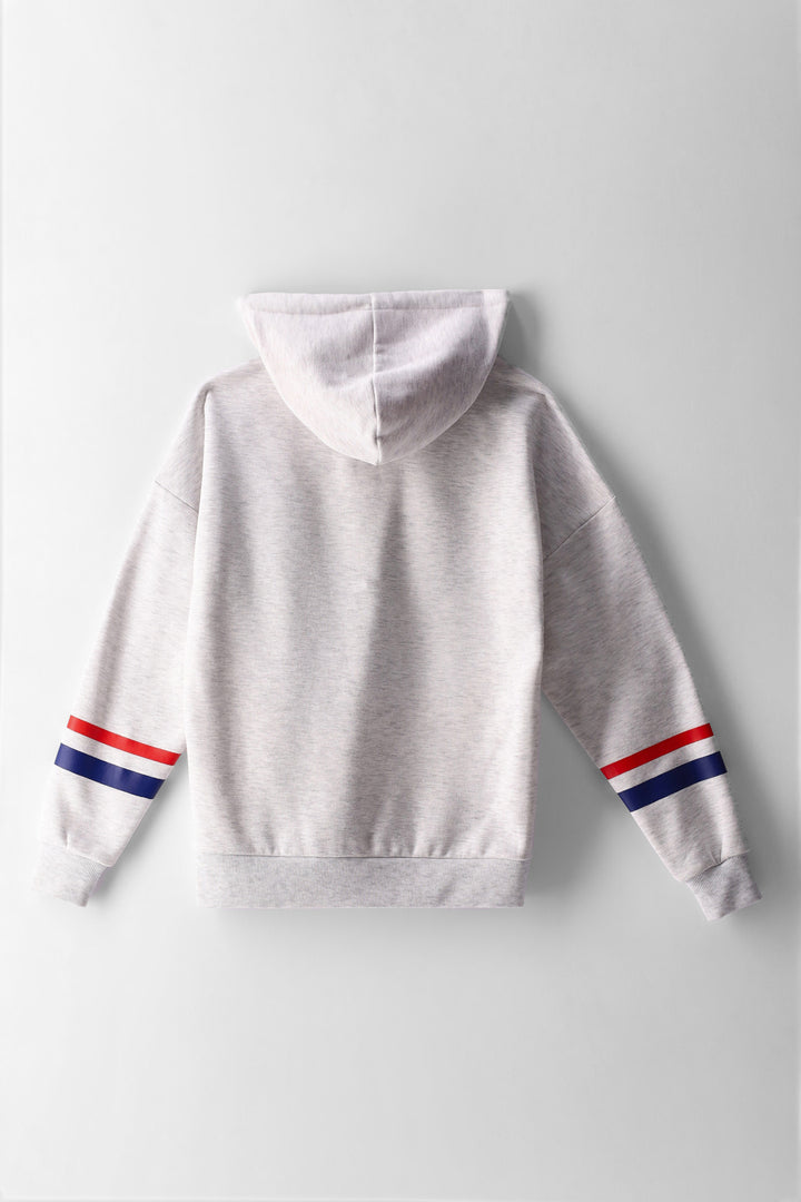 Girls Ny Stripe Sleeve Contast Hood Hoodie - Grey Melange