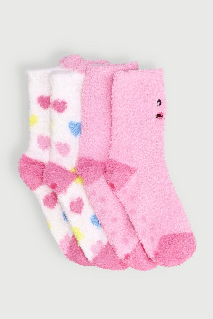 Pre-Girls Hearts Stripes 3D Fluffy Socks - Pink