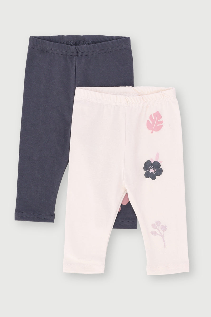 Baby Girls 2 Pack Daisy Fleece Legging - Cream/Charcoal