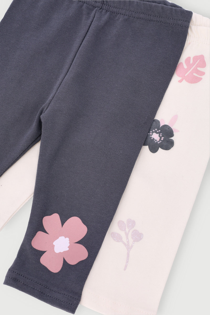 Baby Girls 2 Pack Daisy Fleece Legging - Cream/Charcoal
