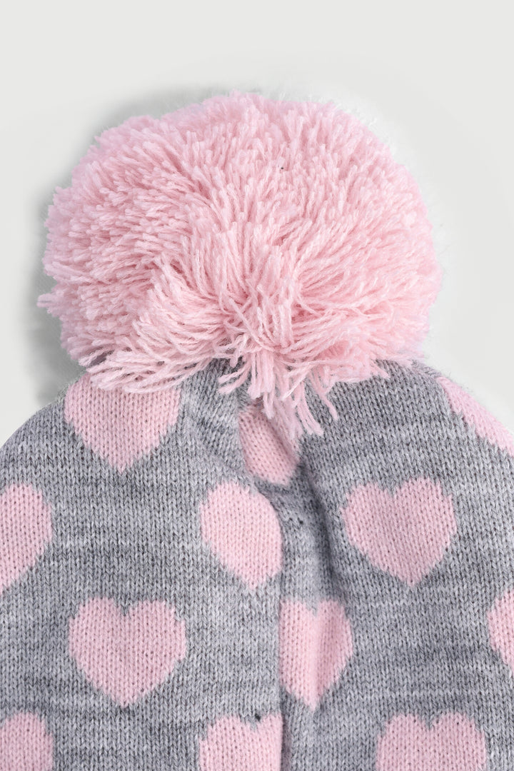 Pre-Girls Hearts Print Beanie - Grey