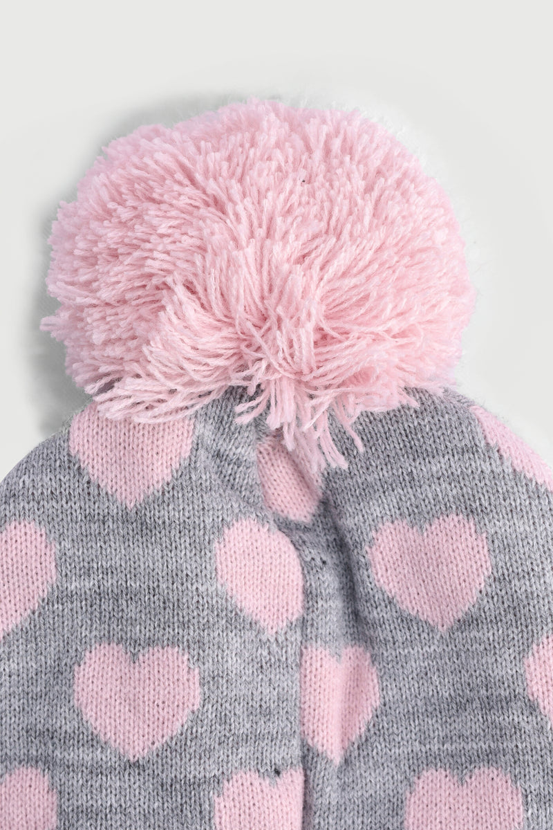 Pre-Girls Hearts Print Beanie - Grey