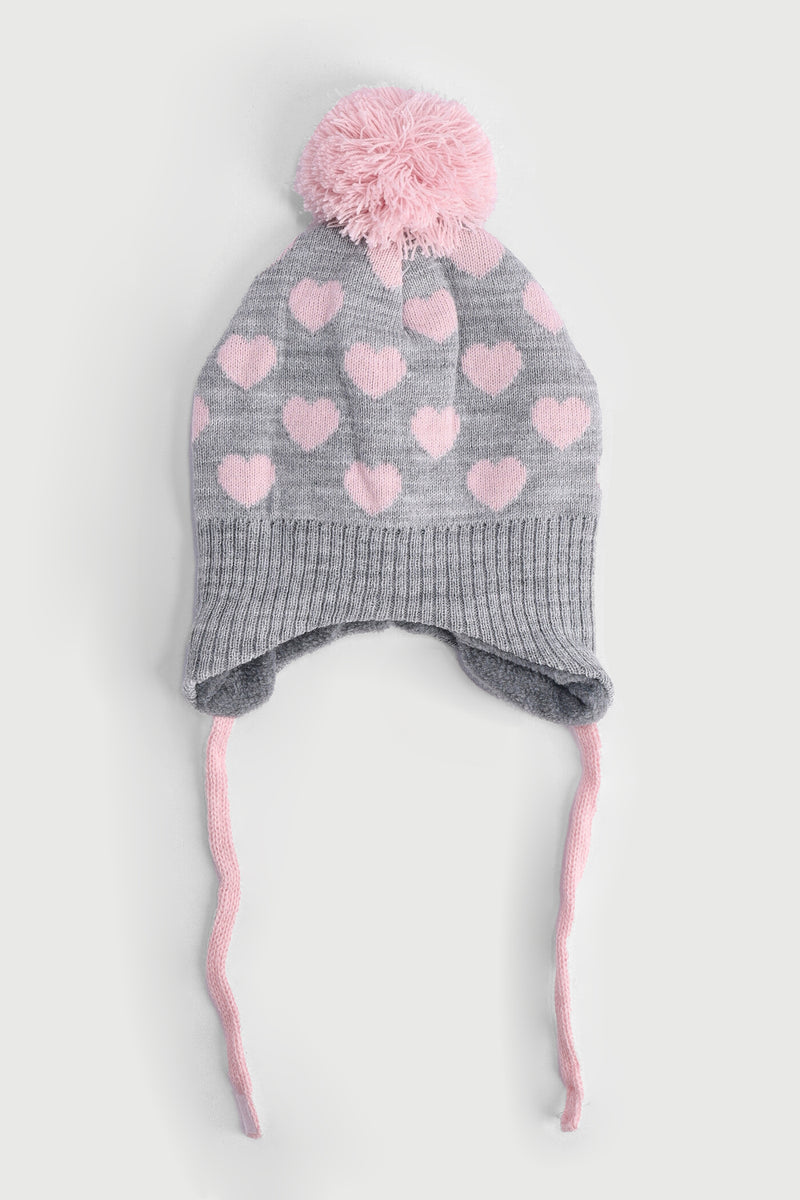 Pre-Girls Hearts Print Beanie - Grey