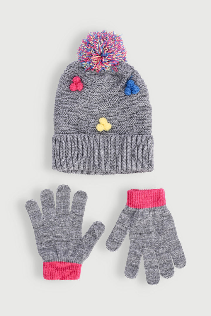 Pre-Girls Multi Colour Pom Pom Beanie And Glove Set - Grey