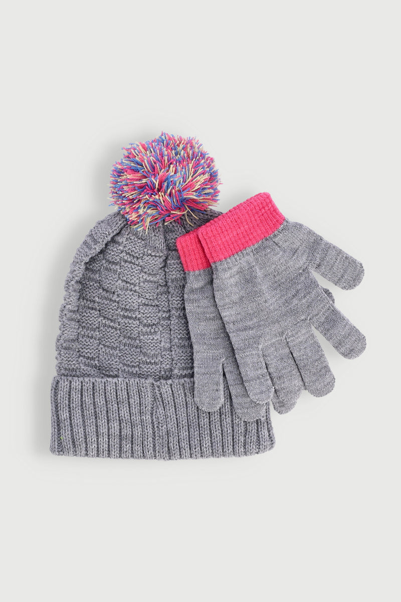 Pre-Girls Multi Colour Pom Pom Beanie And Glove Set - Grey