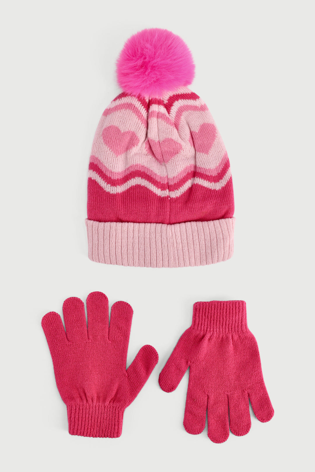 Pre-Girls Zig Zag Heart Beanie & Glove Set - Pink