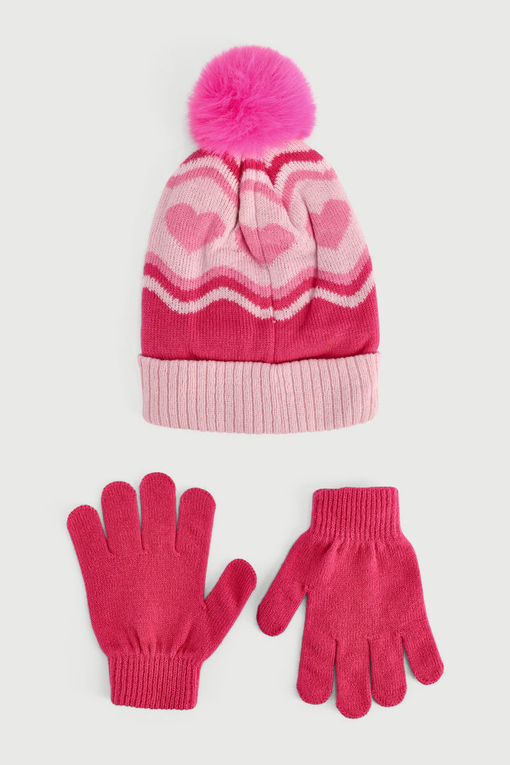 Pre-Girls Zig Zag Heart Beanie & Glove Set - Pink
