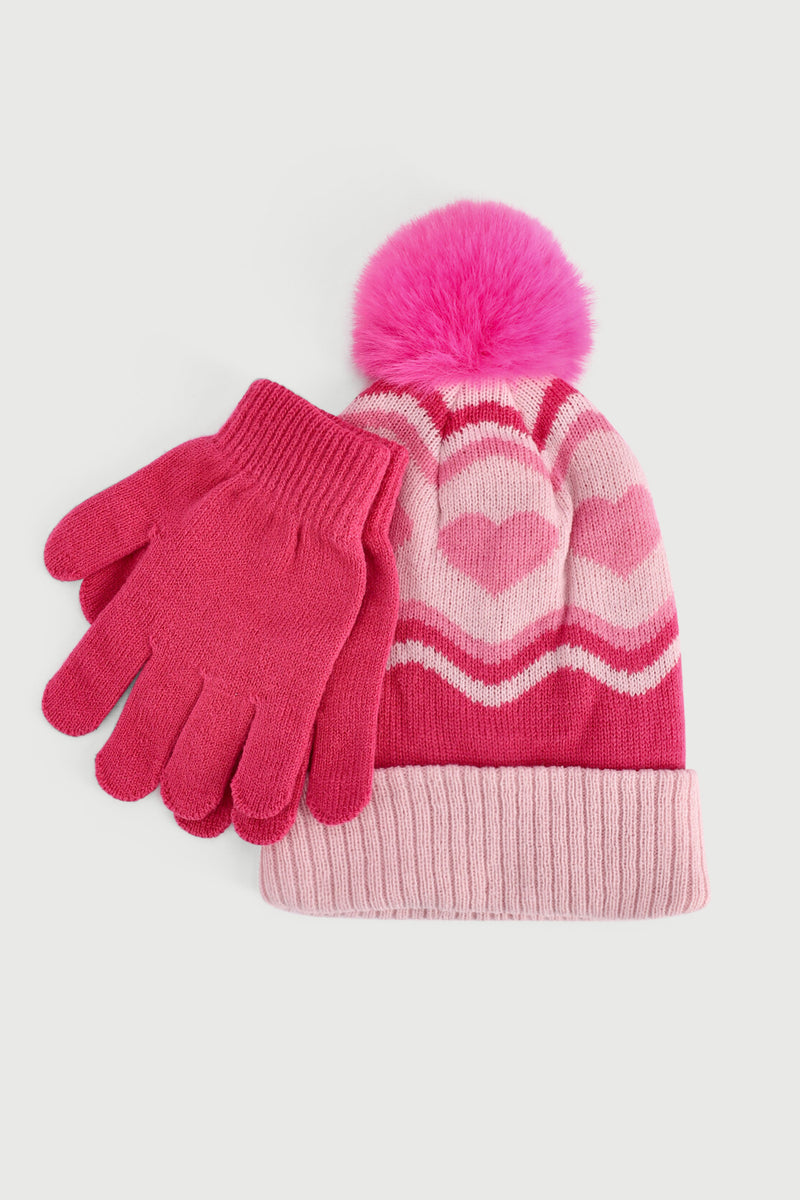 Pre-Girls Zig Zag Heart Beanie & Glove Set - Pink