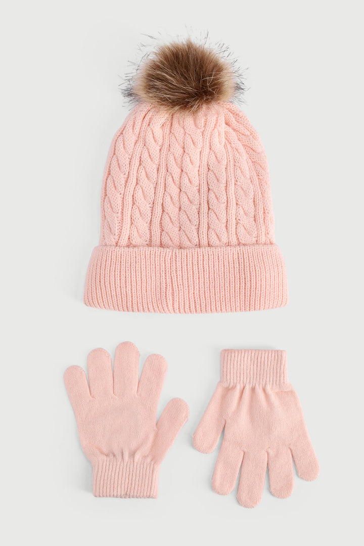 Girls Cable Beanie & Glove Set - Pink