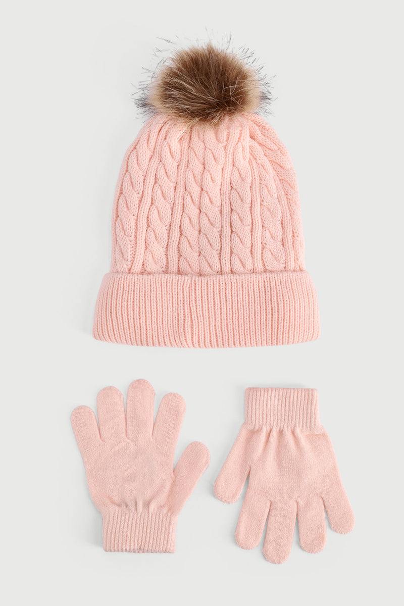 Girls Cable Beanie & Glove Set - Pink