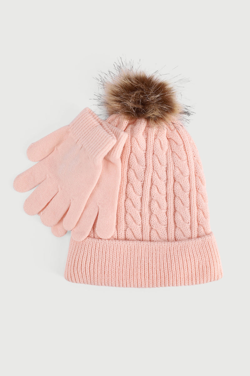Girls Cable Beanie & Glove Set - Pink
