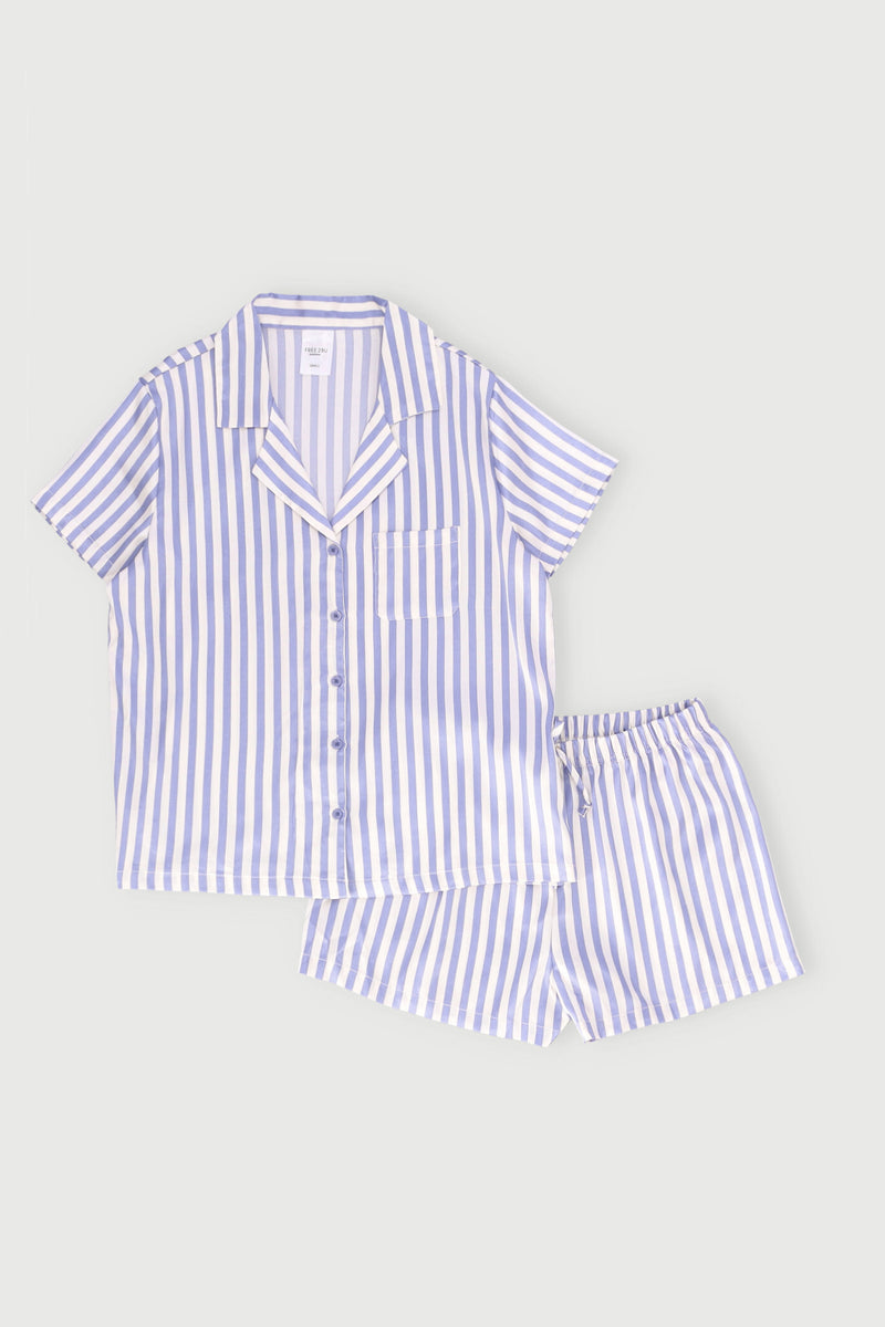 Satin Button Through & Stripe Short Set - White/Blue