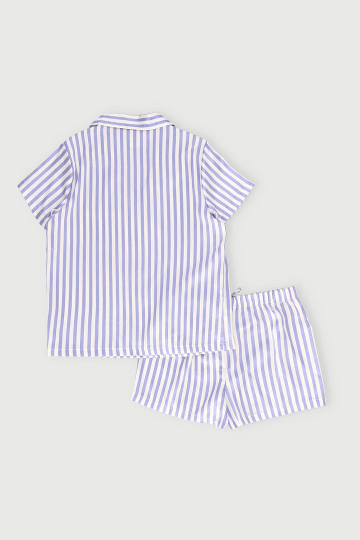 Satin Button Through & Stripe Short Set - White/Blue