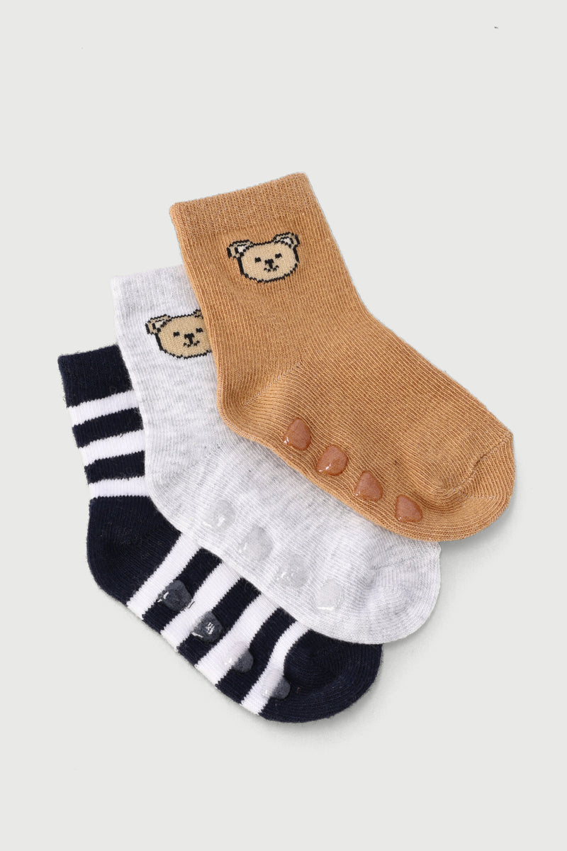 Baby Boys 3 Pack Cotton Textured Socks - Navy/Beige